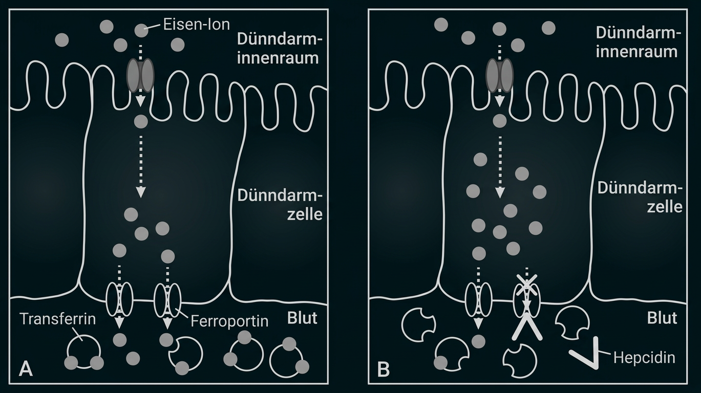 Vergleich der Eisenaufnahme im Dünndarm: Transport durch Transferrin und Ferroportin, gehemmt durch Hepcidin.
